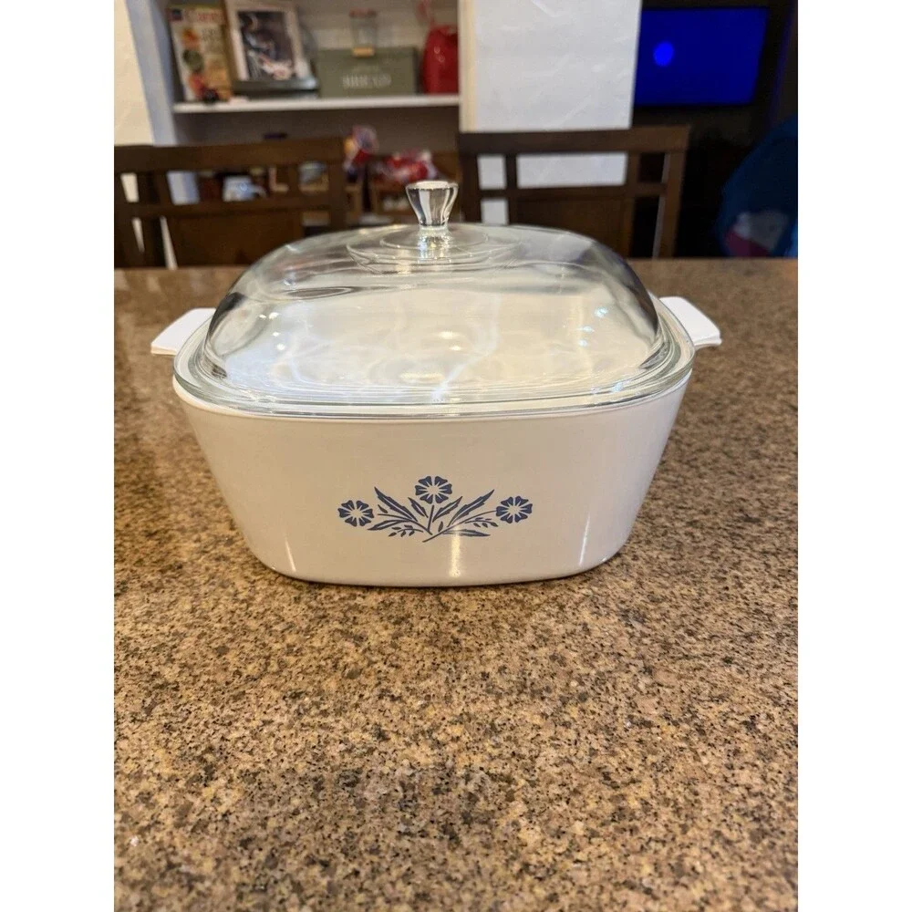 CorningWare 4Qt Square Floral Casserole Dish w/ Glass Lid White/Blue Cottagecore